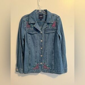Basic Editions Denim Jacket Embroidered Beaded Floral 100% Cotton Medium Jean